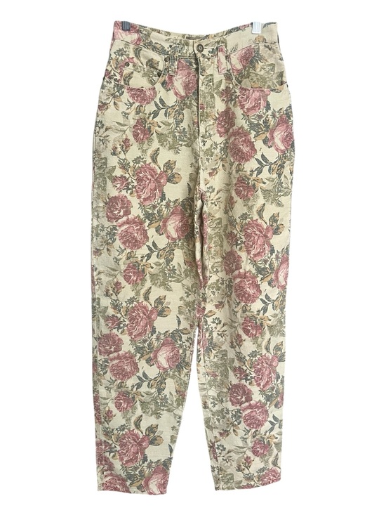 Express Denim - Express EXP Floral Rose Cottagecore Boho Woven Pants Hipster VTG Beige SZ 7/8